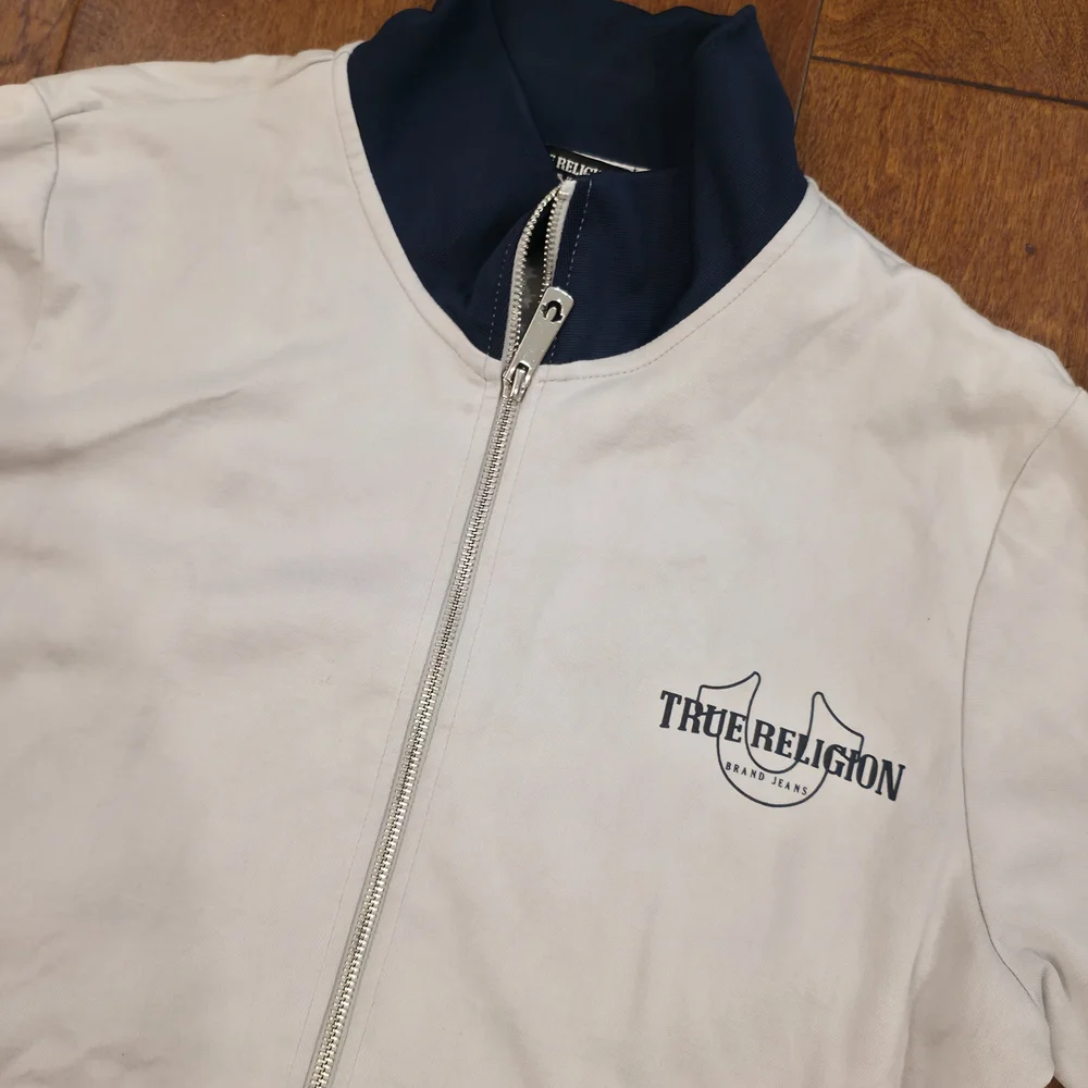 True Religion Light Grey and Navy Full Zip-Up Men Track Jacket Athlesuire